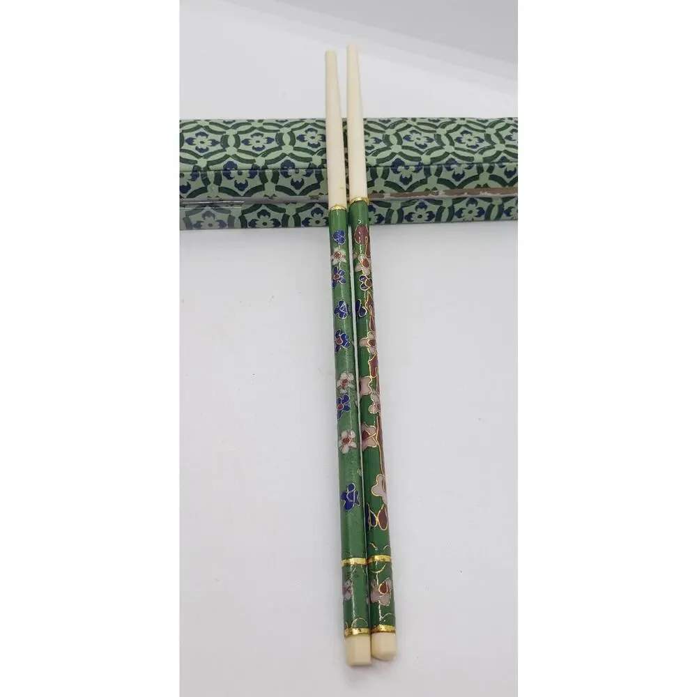 New Old Stock Vintage Cloisonne Chopsticks GREEN floral enamel with box